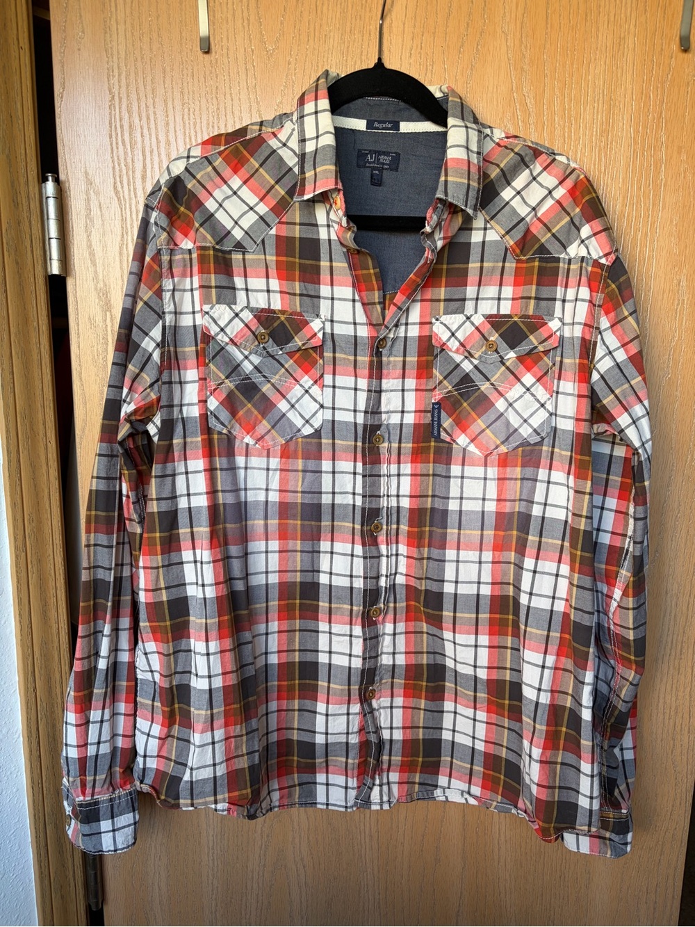 Armani Jeans Red, Brown & White Plaid Button-Down Shirt